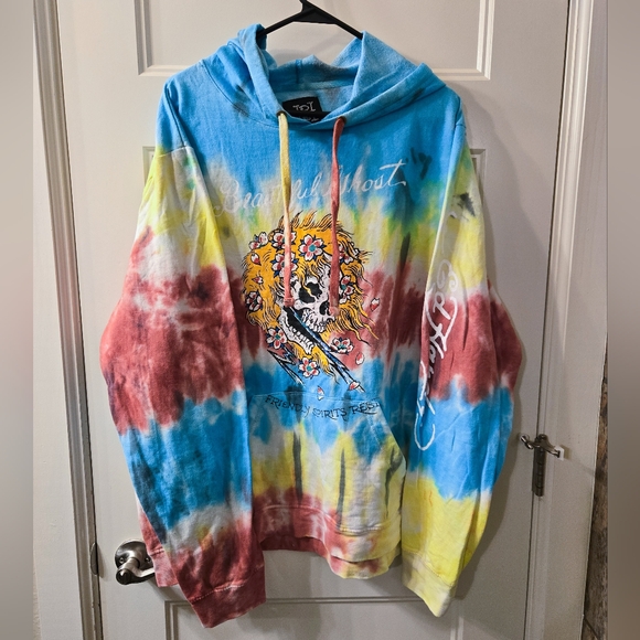 Ed Hardy Tie Dye Hoodie Skull Beautiful Ghost Friendly Spirits Rest NWOT - Picture 2 of 4